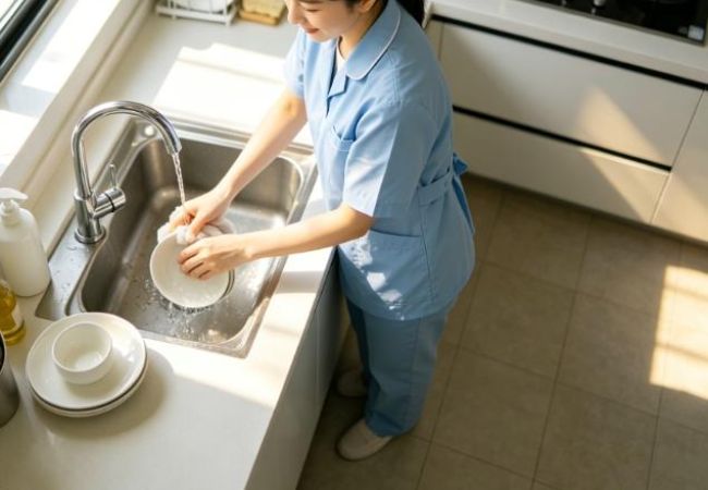 Người giúp việc dọn nhà nấu ăn đang rửa chén và vệ sinh khu vực bếp