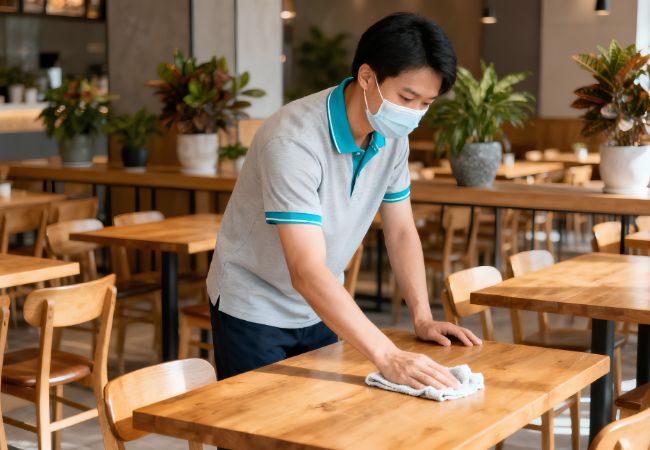 Tạp vụ theo giờ đang lau sạch bàn ghế tại quán ăn