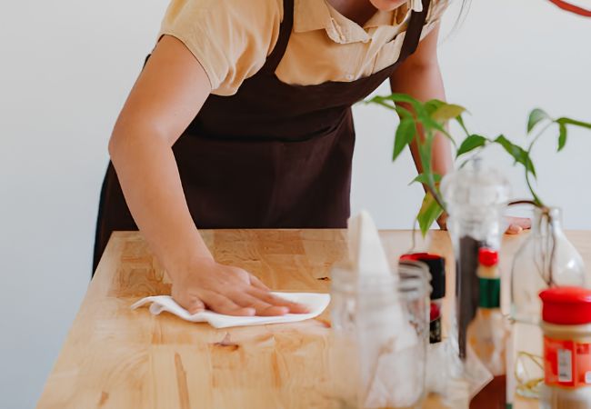Tạp vụ theo giờ đang lau bàn và vệ sinh khu vực phục vụ tại quán ăn