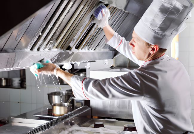 Tạp vụ theo giờ đang vệ sinh hệ thống hút mùi và khu vực bếp quán ăn
