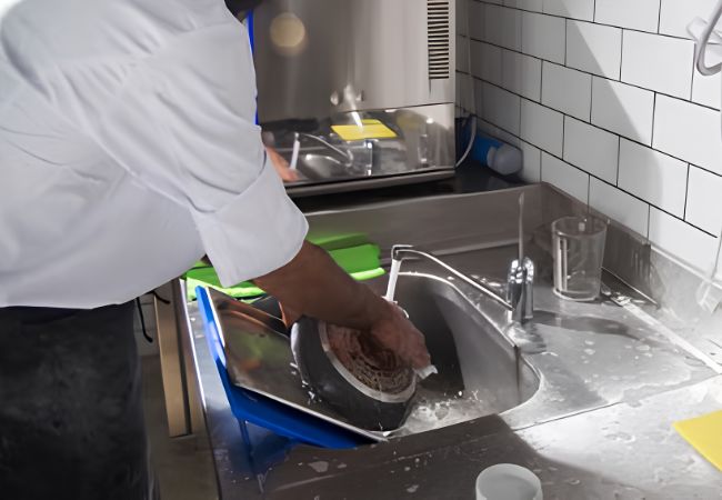 Tạp vụ theo giờ đang rửa dụng cụ và vệ sinh khu vực bồn rửa trong bếp